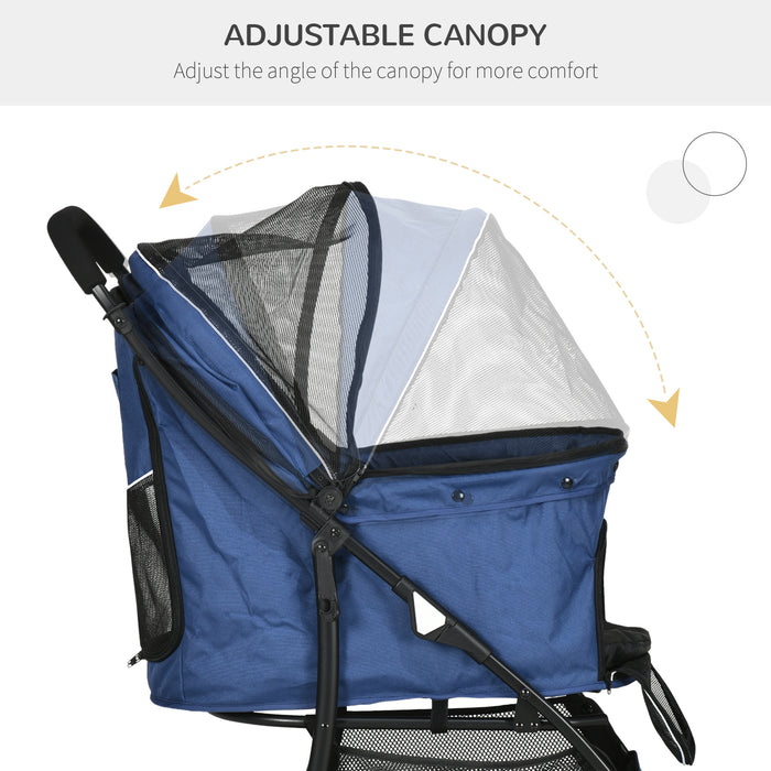 Foldable Pet Stroller with Spacious Carriage - Dog and Cat Travel System with Universal Wheels and Brake Canopy - Perfect for Pets, Includes Basket Storage Bag in Dark Blue