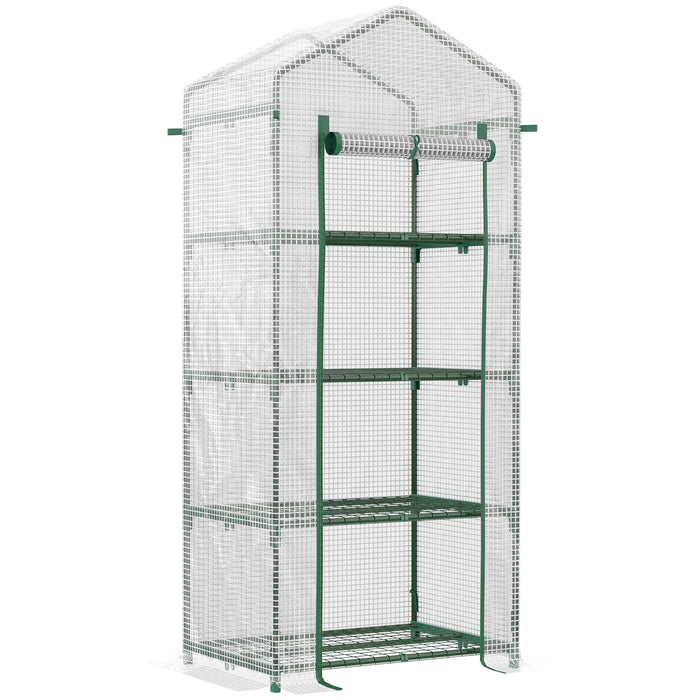 4 Tier Mini Greenhouse with Steel Frame - Portable PE Covered Garden Hot House with Roll-up Door - Ideal for Small Space Gardening & Seed Starting