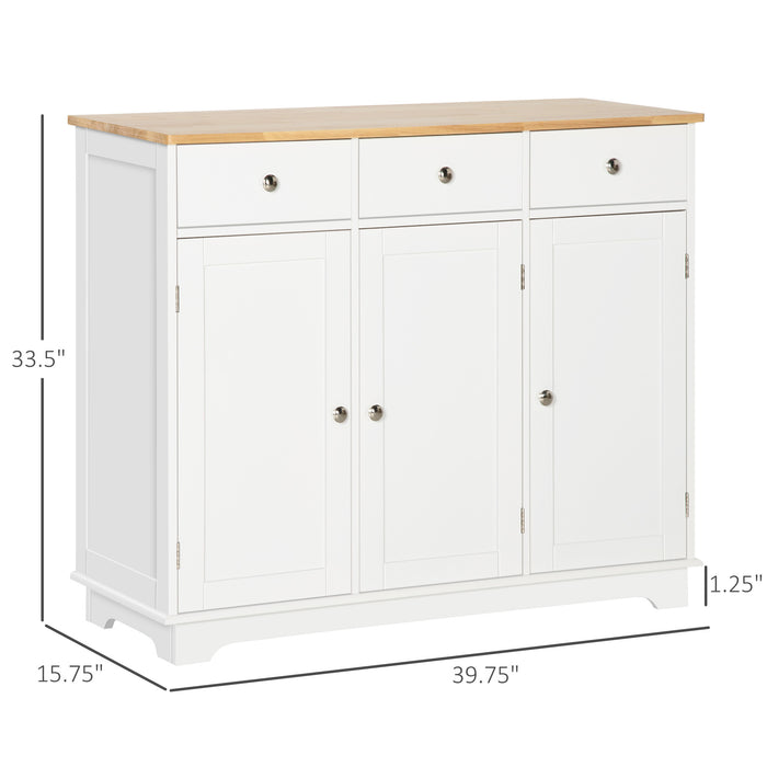 Modern Rubberwood-Topped Sideboard - Buffet Cabinet with Drawers and Adjustable Storage Shelves - Ideal for Living Room and Kitchen Organization