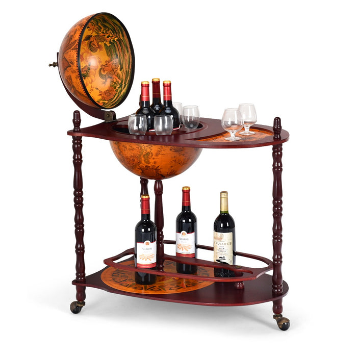 Globe Wine Bar Stand - Retro Wood Design with Liquor Bottle Shelf - Ideal for Displaying and Organizing Beverages