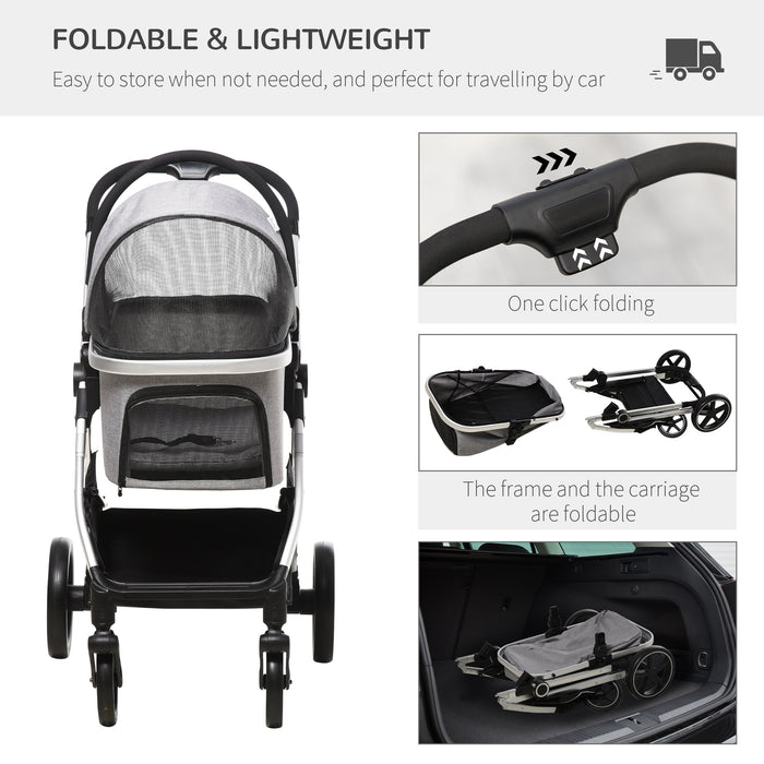 Foldable Pet Stroller and Car Seat - Detachable, Cushioned Dog & Cat Travel Pushchair with EVA Wheels and Basket - Safety Leash, Lightweight Design for Easy Transport