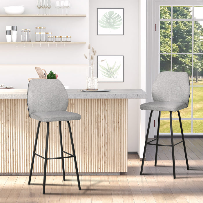 Linen-Touch Upholstered Bar Stools - Set of 2 Kitchen Chairs with Backs, Steel Legs - Stylish Seating for Home Bar and Kitchen Spaces, Light Grey