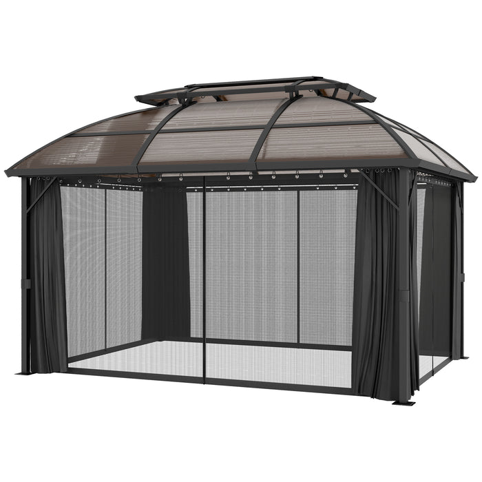 Aluminium Frame Gazebo 4x3m - Polycarbonate Double Roof with Curtains and Netting - Ideal for Lawn, Yard, Patio, and Deck Spaces in Brown