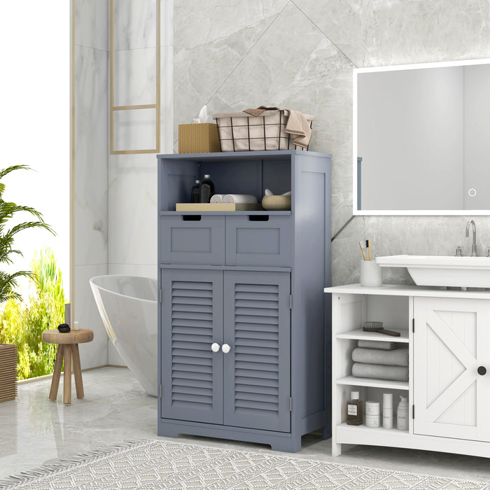 Bathroom Storage Organizer with Louvred Doors - Drawer Cabinet with Open Compartment & Adjustable Shelving - Space-Saving Solution for Washroom Essentials, Grey