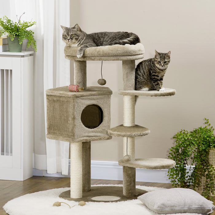 Cat Tower Playground with Sisal Scratch Posts - Multi-Level Kitty Condo with Ramp, Bed & Hanging Toy - Ideal Entertainment Center for Indoor Cats