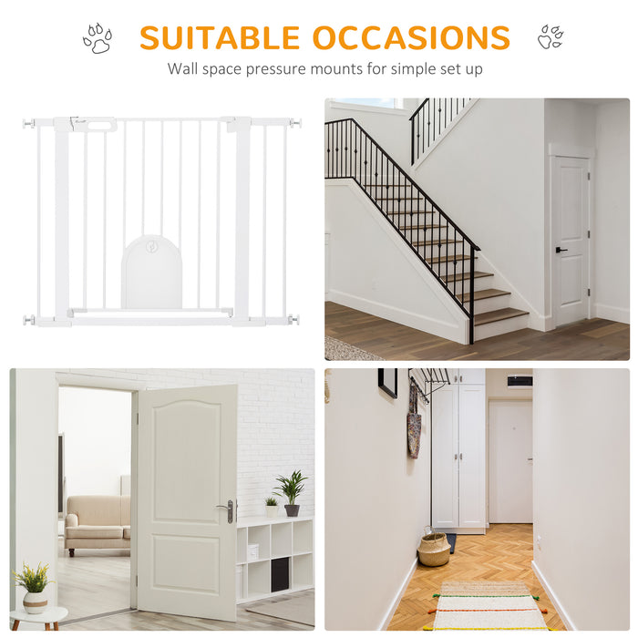 Easy-Install Pet Separation Gate - Dog Gate with Built-in Cat Door, Pressure Mounted, Automatic Closing & Double Locking System - Ideal for Doorways & Stairs, Fits 75-103 cm Openings, White