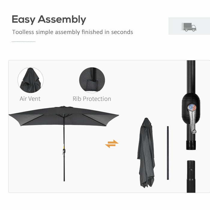 Aluminum Tilt Crank Patio Parasol - 3x2m Rectangular Garden Umbrella with Steel Canopy in Black - Outdoor Sun Shade for Garden, Patio & Deck Areas