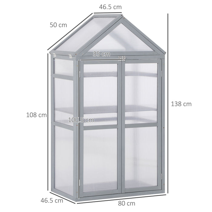 3-Tier Wooden Cold Frame Grow House - Polycarbonate Greenhouse with Adjustable Shelves and Double Doors, 80 x 47 x 138cm in Grey - Ideal for Season Extension and Plant Protection