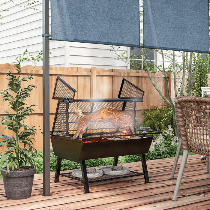 3-in-1 Charcoal Grill with Rotisserie and Fire Pit - Outdoor Cooking Station with Storage Shelf - Perfect for Grilling, Roasting & Campfires