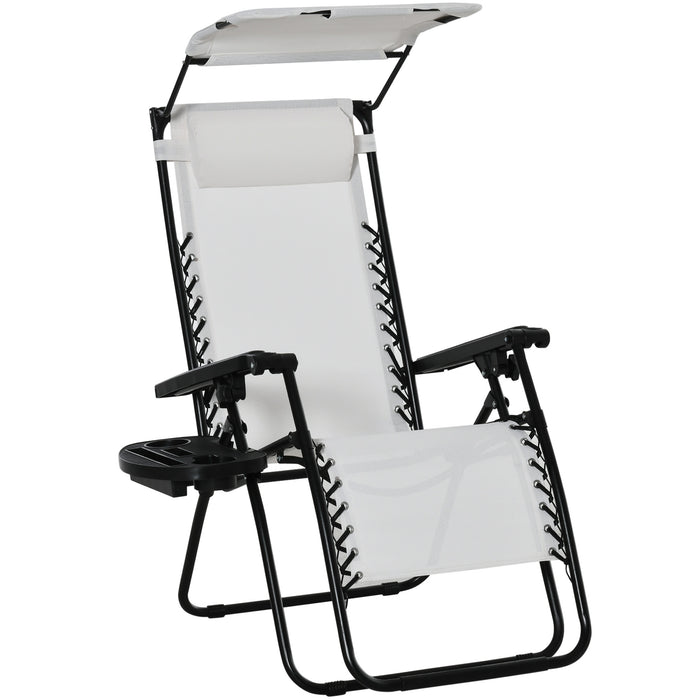 Zero Gravity Patio Recliner - Sun Lounger Deck Chair with Cup Holder and Canopy Shade, Folding Design - Perfect for Outdoor Relaxation in White