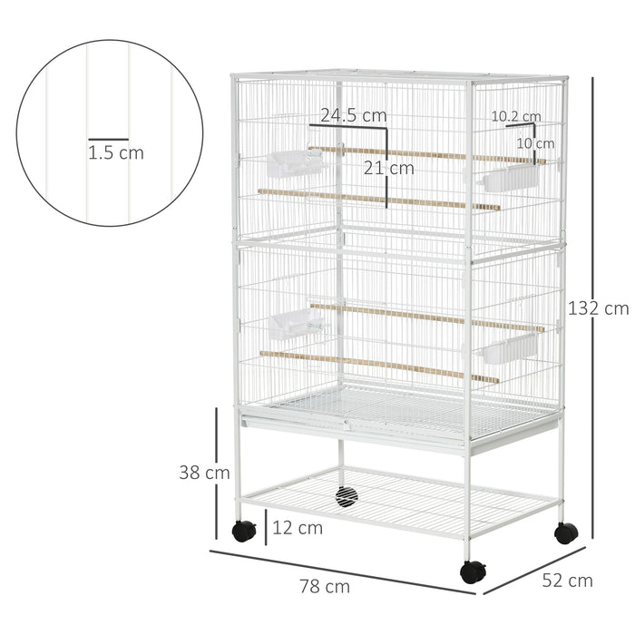 Large Aviary Bird Cage with Rolling Stand - Ideal Habitat for Finches, Canaries, Budgies - Includes Slide-Out Cleaning Tray, Storage Shelf, Wooden Perches & Food Containers