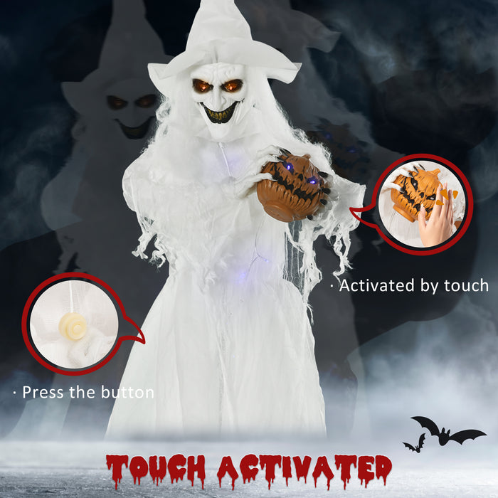 White Witch with Pumpkin Head - 72" Halloween Decoration, Light-Up Eyes, Motion-Activated Standing Skeleton Ghost Prop - Ideal for Haunted House and Seasonal Decor