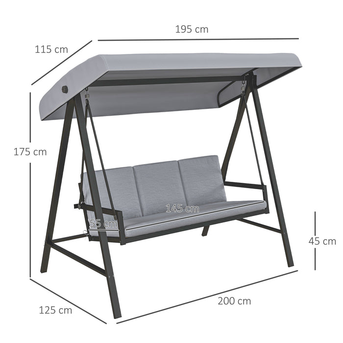 Outdoor 3-Seater Swing Chair with Steel Frame - Adjustable Canopy & Removable Cushions, Grey Hammock Bench - Perfect for Patio, Garden or Backyard Relaxation