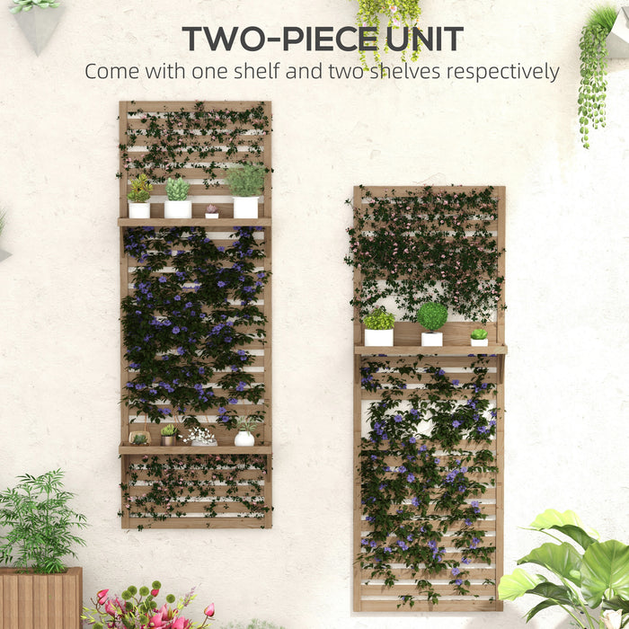 Fir Wood Hanging Planter Shelves - Wall Mounted Set of 2 with Slatted Trellis - Ideal for Patio, Balcony & Porch Greenery Display