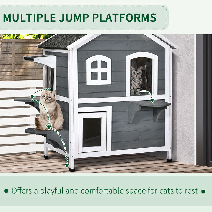 Waterproof Solid Wood Cat Condos - 2-Story Outdoor Pet House with Grey Finish - Ideal Shelter for Cats