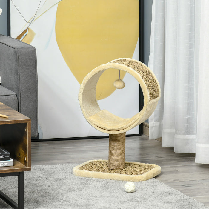 Indoor Cat Entertainment Oasis - Compact 56cm Cat Tree with Scratching Post, Play Tunnel & Hanging Ball - Perfect Play Structure for Kittens & Small Cats with Cozy Cushion, Beige