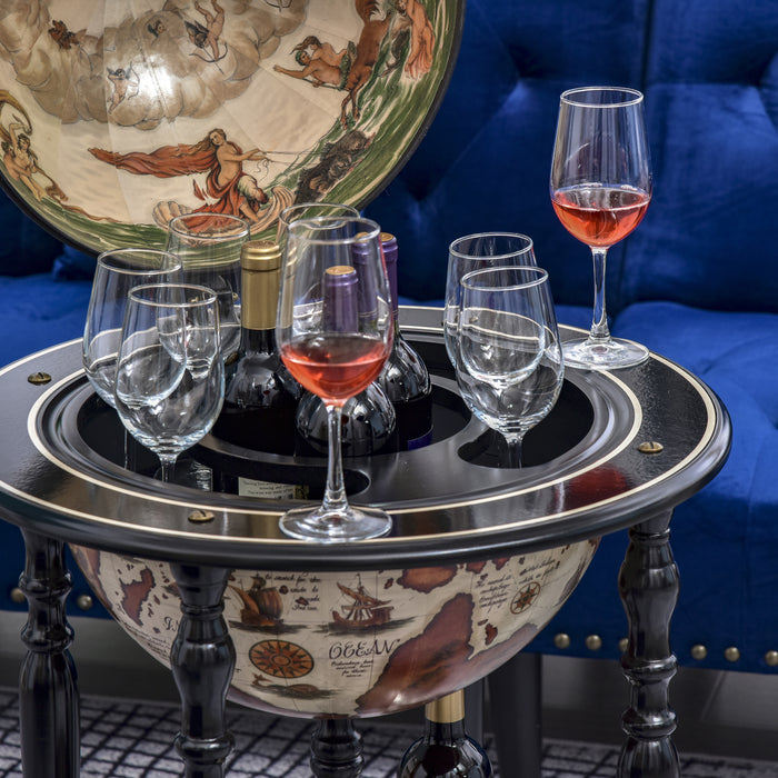 Elegant Globe-Shaped Drinks Cabinet with Wood Frame - Mobile Bar Cart with 3 Compartments, Bottom Shelf, and 4 Wheels - Sophisticated Safe Storage for Bottles and Glasses, Antique Brown and Beige Design