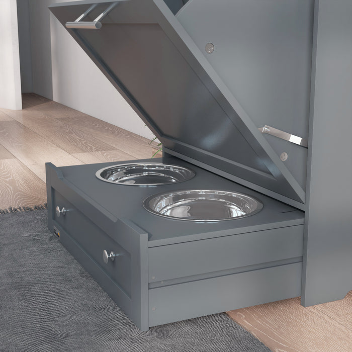 Dog Raised Feeder Station - Pet Food Storage Container with Elevated Bowls & Supply Hanger, Grey - Ideal for Organized Feeding & Hydration