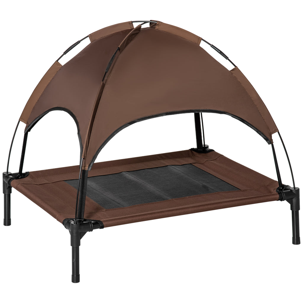 Elevated Pet Cot with Canopy - Waterproof Raised Dog Bed with Breathable Mesh, UV Protection - Comfortable Outdoor Lounger for Medium Dogs, Coffee Color, 76 x 61 x 73 cm