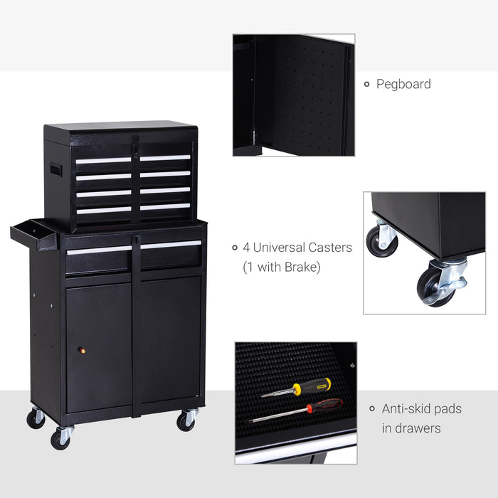 2-in-1 Metal Tool Chest Cabinet with Pegboard - 5 Drawers, Wheels, and Spacious Storage - Ideal for Workshop Organization and Mobility (60x28x104.5cm, Black)