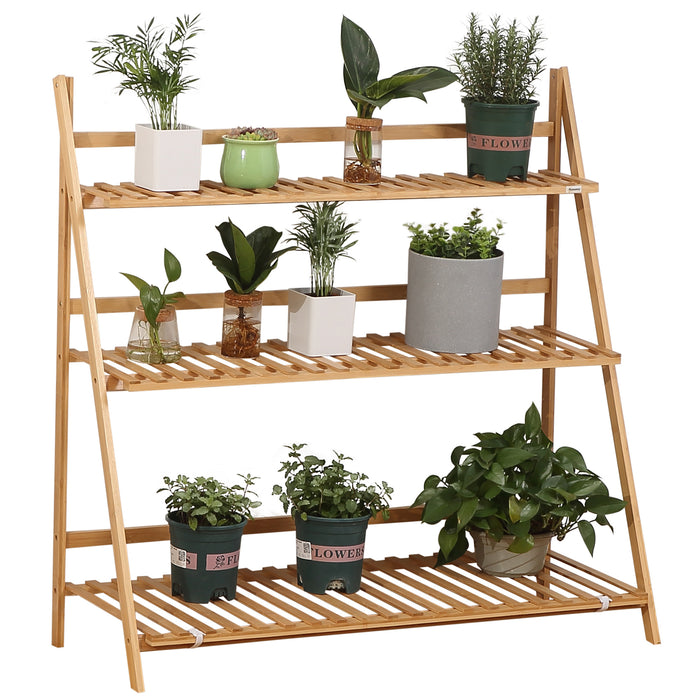 3-Tier Bamboo Plant Stand - Folding Shelf Rack for Home & Garden Display, 98x37x96.5cm - Ideal for Organizing Potted Plants, Natural Finish