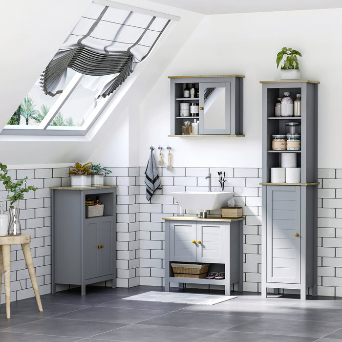 Tall Grey Bathroom Storage Cabinet - 3-Tier Shelving & Enclosed Cupboard Space - Free Standing Linen Tower for Space Optimization