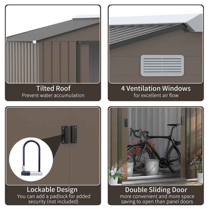 Extra Large Metal Garden Shed - 7ft x 4ft Lockable Storage with Foundation, Patio Roof, Tool Building - Secure Outdoor Organizer for Lawn Equipment, Brown
