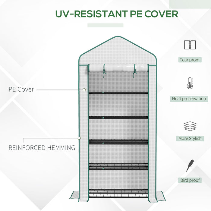 5 Tier Widened Mini Greenhouse with Sturdy PE Cover - Portable Gardening House with Roll-Up Zipper Door and Metal Wire Shelves - Ideal for Plant Protection and Growth, 193x90x49 cm, White