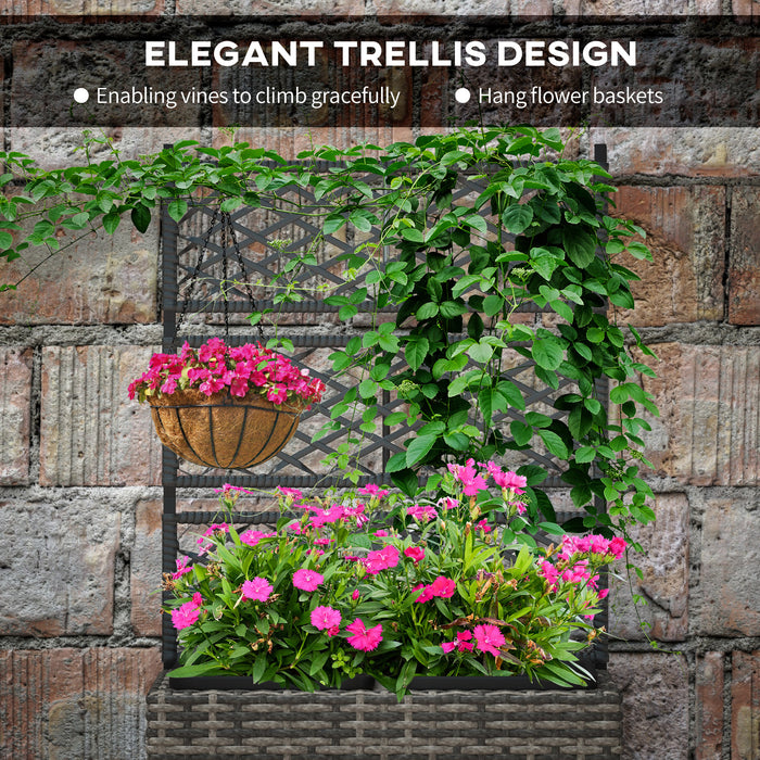Garden Rattan Planter with Trellis - 22L Capacity Mixed Grey PE Rattan Free Standing Raised Flower Bed with Dual Plant Boxes - Ideal for Climbing Plants and Outdoor Decoration