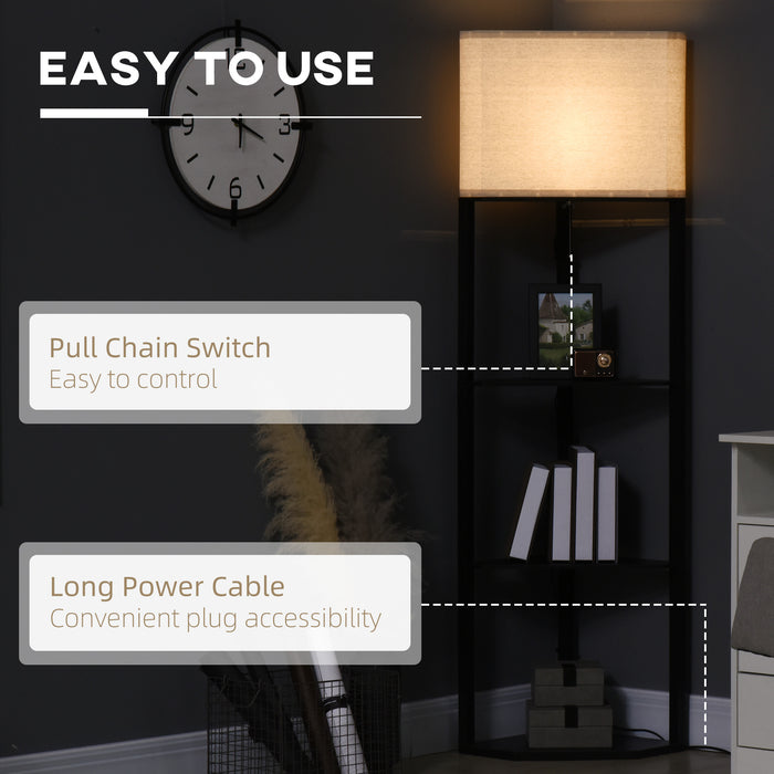 Modern Corner Shelf Floor Lamp - Tall Standing Light for Living Room & Bedroom with Pull Chain - Space-Saving Design with Storage for Home Decor