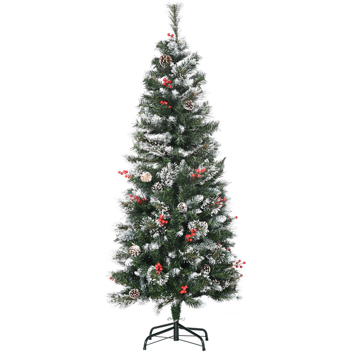 Slim Snow-Dusted 5-Foot Artificial Christmas Tree - 402 Lifelike Branches with Pine Cones and Red Berries, Auto-Expand Feature - Ideal for Festive Home Decoration and Tight Spaces