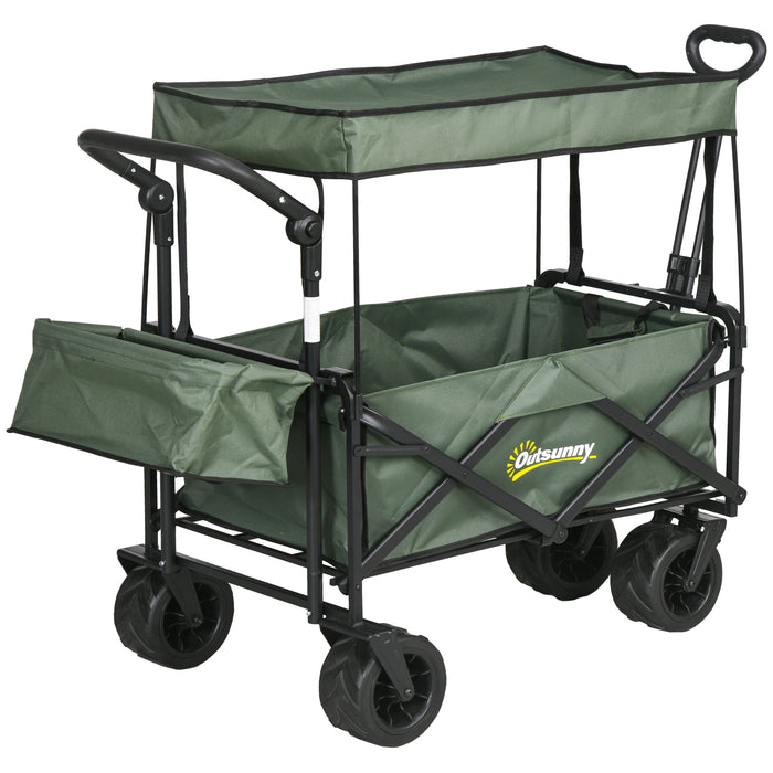 Beach Trailer Folding Trolley - 4-Wheel Storage Wagon with Canopy and Pull Handle - Ideal for Camping and Outings in Green