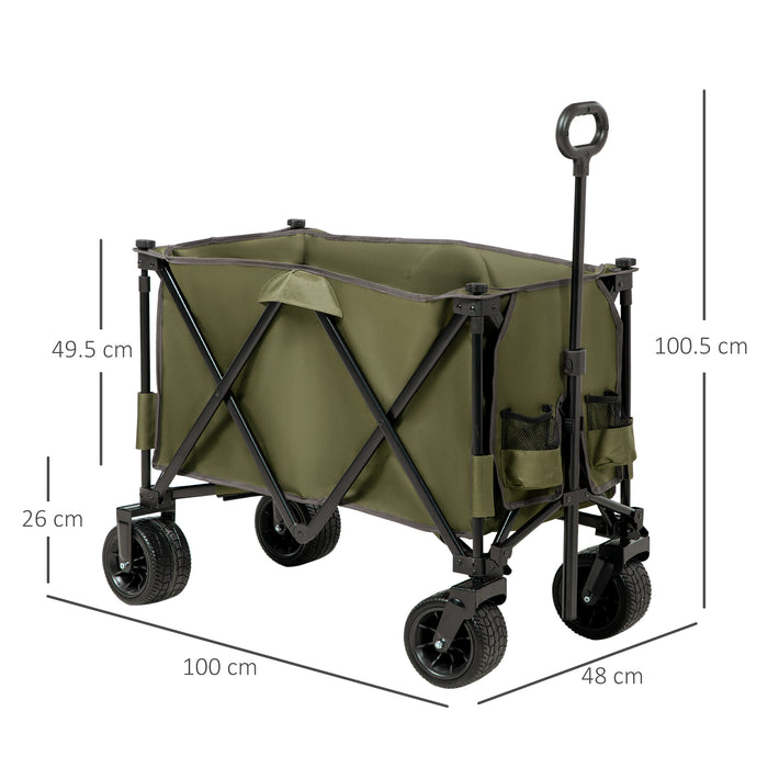 Folding Outdoor Utility Wagon with Wheels - Collapsible Garden & Camping Cart, Durable Steel Frame with Oxford Fabric - Ideal for Yard Work and Outdoor Adventures, Green