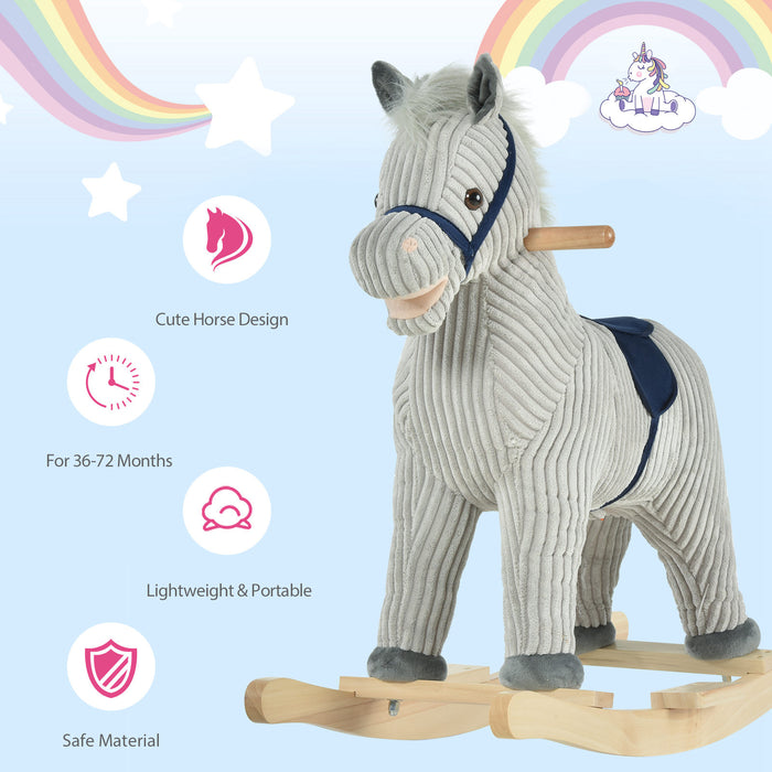 Plush Rocking Horse with Sound Effects - Ribbed Grey Fabric, Kids Ride-On Toy - Perfect for Playtime and Nursery Decor