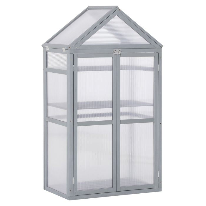 3-Tier Wooden Cold Frame Grow House - Polycarbonate Greenhouse with Adjustable Shelves and Double Doors, 80 x 47 x 138cm in Grey - Ideal for Season Extension and Plant Protection