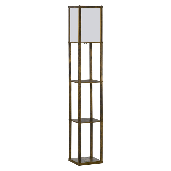 4-Tier Storage Shelf Floor Lamp - Rustic Brown Standing Light with Reading Lamp - Ideal for Living Room, Bedroom, Office Illumination & Organization