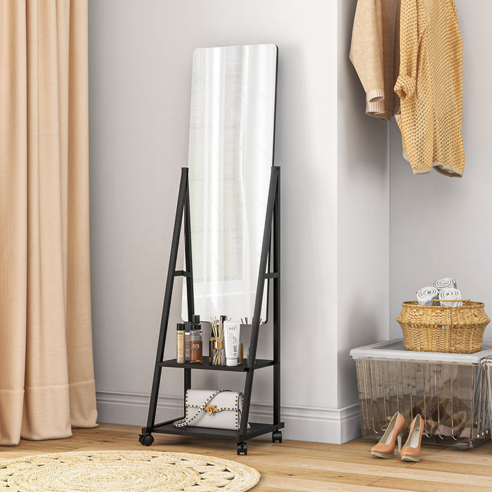 Adjustable Full-Length Rolling Mirror - Freestanding Dresser Unit with Storage Shelves and Angle Customization - Ideal for Bedroom Space Optimization