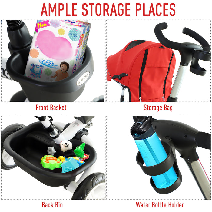 4-in-1 Convertible Child's Tricycle with Stroller Capabilities and Sun Canopy - Red - Perfect for Outdoor Family Adventures and Growing Toddlers