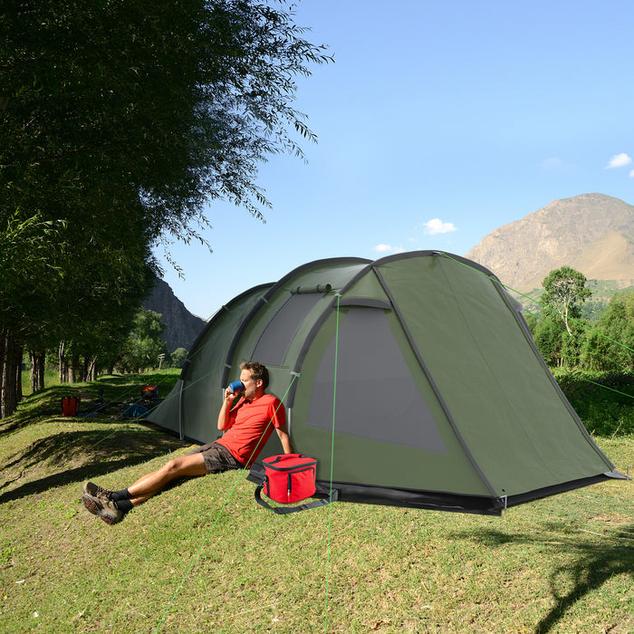 3-4 Person Two Room Tunnel Tent - Spacious Camping Shelter with Windows and Covers - Ideal for Fishing, Hiking, and Outdoor Sports, Includes Carry Bag, Green
