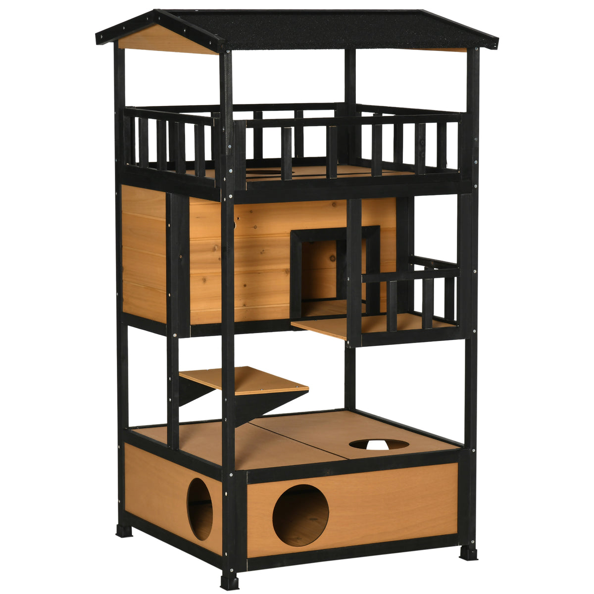 3-Tier Wooden Cat House - Winter-Ready Kitten Shelter with Tilted Roof, Terrace & Jump Step - Cozy Lodge for Cats with Elevated Base & Bottom Tray, Yellow