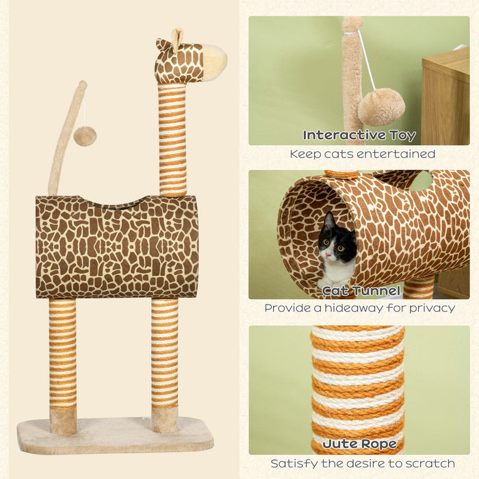 Giraffe-Inspired Cat Tree with Scratching Posts - Indoor Kitten Play Tower with Tunnel and Ball Toy - Perfect Playhouse for Active Cats and Kittens