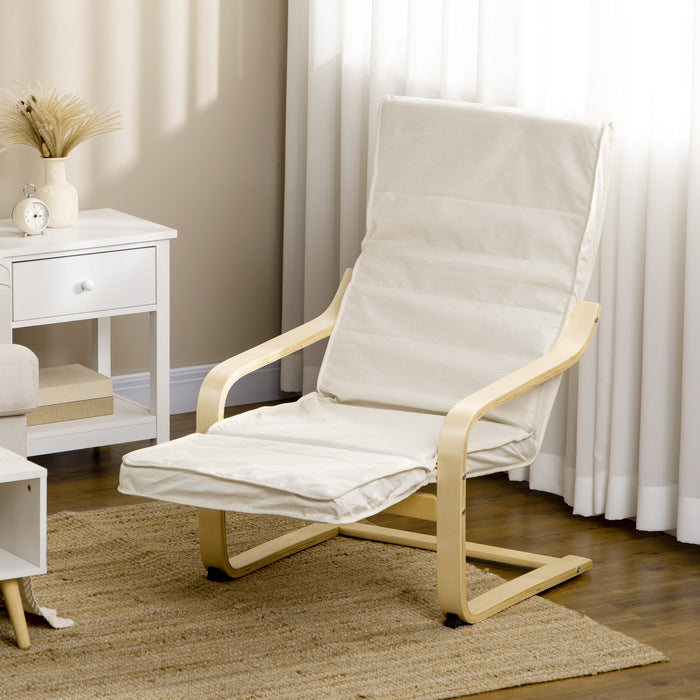 Wooden Lounging Chair with Adjustable Footrest - Cream White Relaxing Recliner with Removable Cushion - Ideal for Deck Lounging and Outdoor Comfort