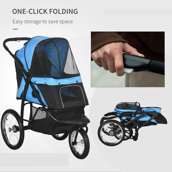 Foldable Pet Stroller with Adjustable Canopy - Sturdy Dog & Cat Pushchair with Smooth-Rolling Wheels - Ideal for Medium to Small Pets, Travel-Friendly Design, Blue
