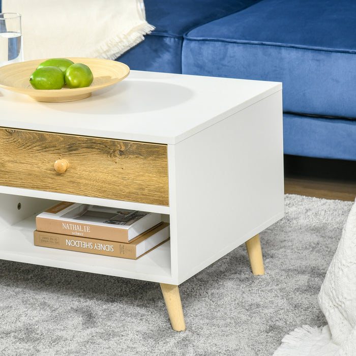 Rectangular Coffee Table with Storage - Dual-Drawer Side Table with 2 Shelves, White and Brown Finish - Stylish Organization for Living Room, Bedroom, Office