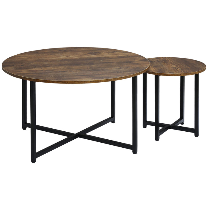 Nesting Round Coffee & Side Table Set of 2 - Rustic Brown with Industrial Metal Frame - Modern Living Room & Bedroom Furniture