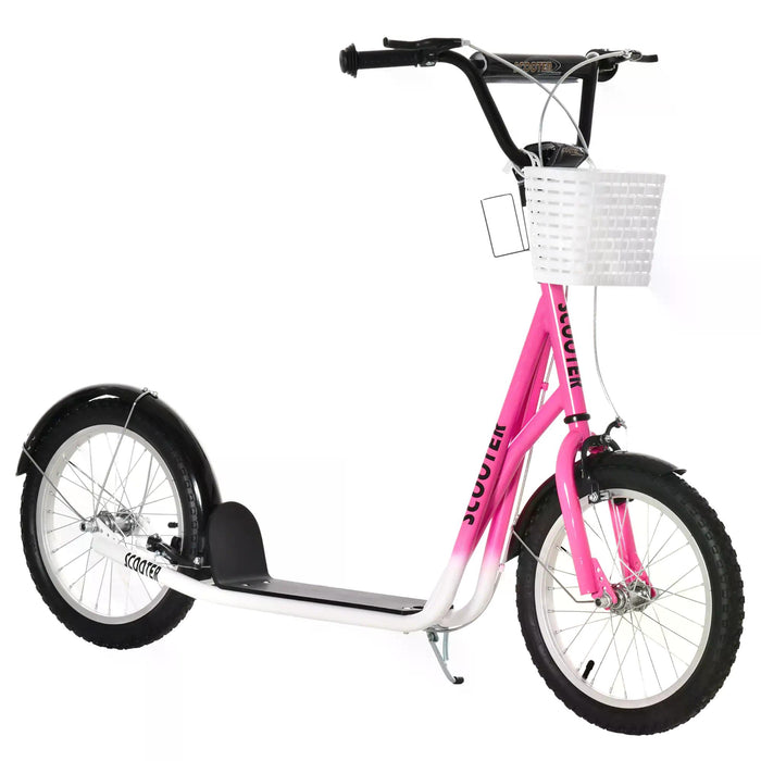 Kids Kick Scooter - Adjustable Handlebar, Dual Brakes, Basket, Cupholder, Mudguard, 16" Inflatable Rubber Tires in Pink - Fun and Safe Ride for Children and Teens