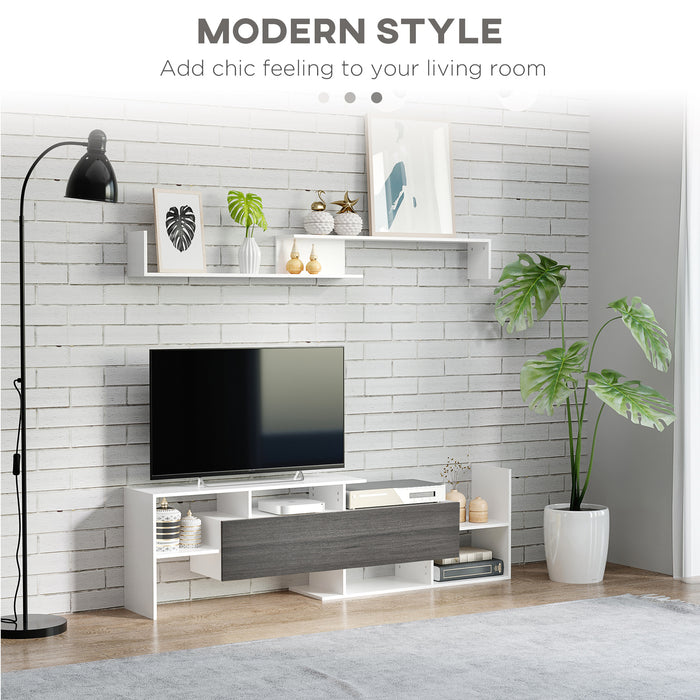 Wall-Mounted & Free-Standing TV Unit with Storage - Accommodates 65" and 50" TVs, Includes Wall Shelf & Cabinet - Perfect for Living Room and Bedroom, White & Grey Design