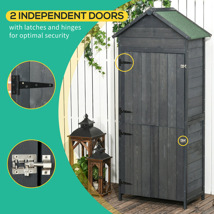 4-Tier Wooden Garden Shed with 3 Shelves - Outdoor Utility Storage Cabinet, Lockable Double Doors - Ideal for Gardeners and Tool Organization, Grey