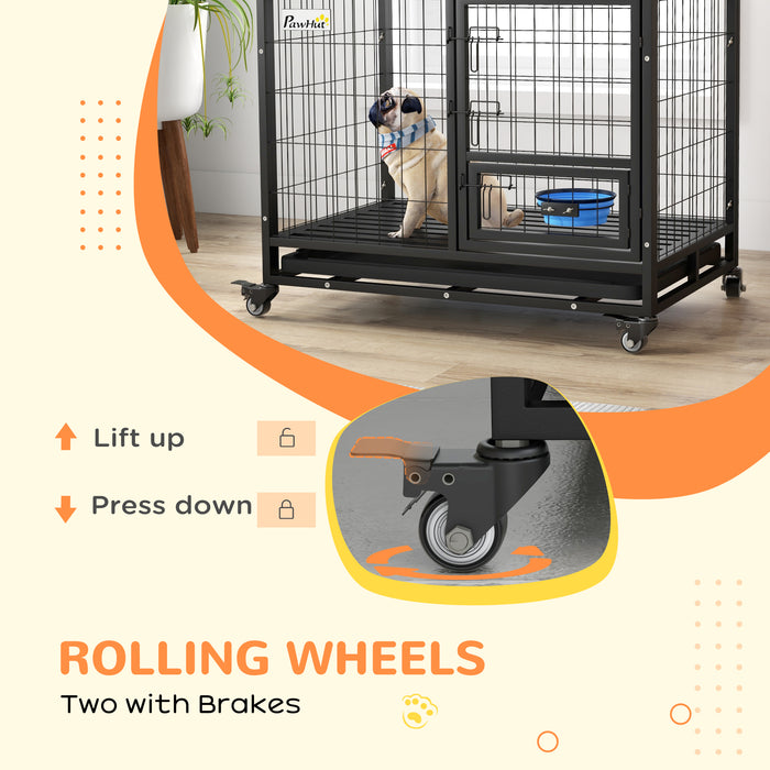Sturdy Mobile Canine Kennel - Heavy Duty Dog Crate with Bowl Holder, Removable Tray, Detachable Top, Double Door Design - Ideal for Large, Extra-Large Dogs