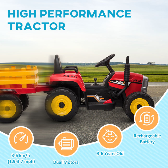 12V Electric Ride-On Tractor with Detachable Trailer - Battery-Powered Car for Kids with Remote Control and Music Start-up Sound - Fun Outdoor Driving Adventure for Children